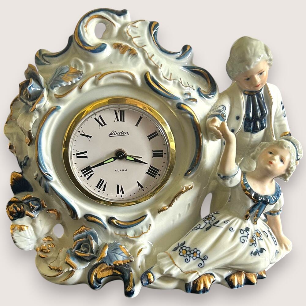 Mechanical Clock Linden Porcelain Blue White Alarm Wind Up Vintage